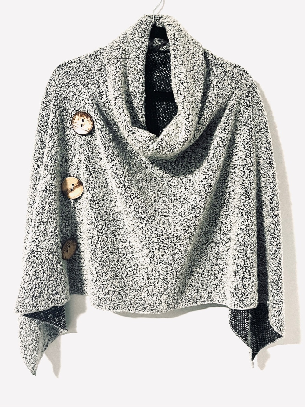 Cozy Gray Bouclé Cowl Neck poncho with Button Detail